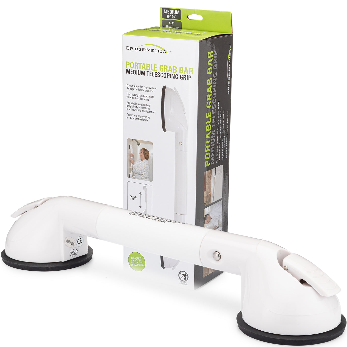 Adjustable suction shower grab bar with telescoping grip for bathtub entry support