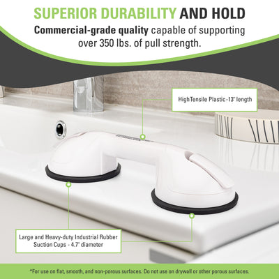 Temporary shower grab bar installed on smooth shower wall or bathtub without screws or tools
